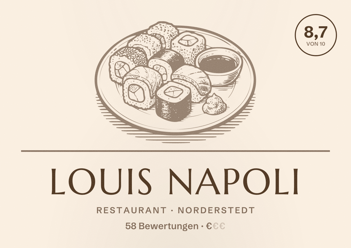 Illustriertes Poster von Louis Napoli, Restaurant in Norderstedt: Bewertung 8,7 von 10 aus 58 Bewertungen, Preisniveau €