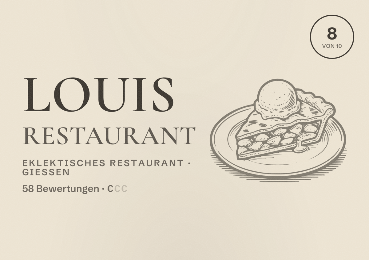 Illustriertes Poster von Louis Restaurant, Eklektisches Restaurant in Gießen: Bewertung 8 von 10 aus 58 Bewertungen, Preisniveau €