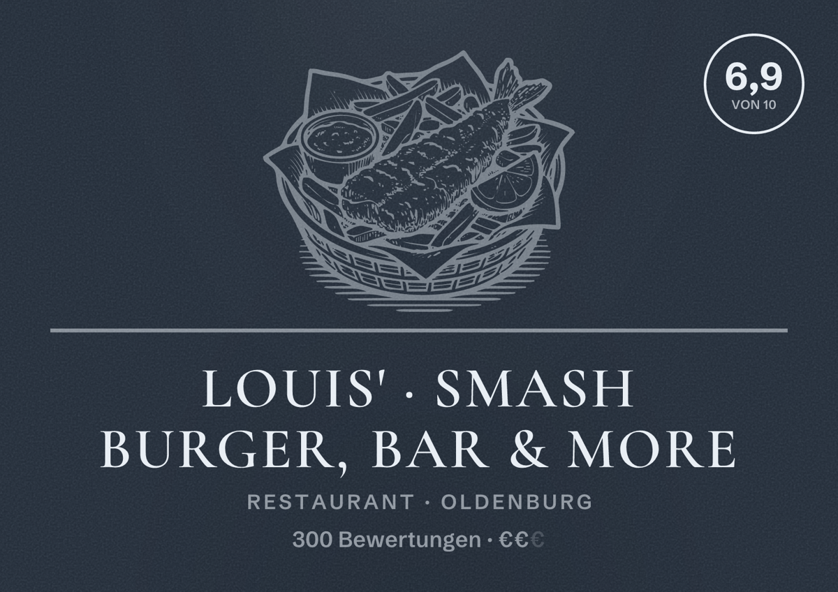 Illustriertes Poster von LOUIS' · Smash Burger, Bar & More, Restaurant in Oldenburg: Bewertung 6,9 von 10 aus 300 Bewertungen, Preisniveau €€