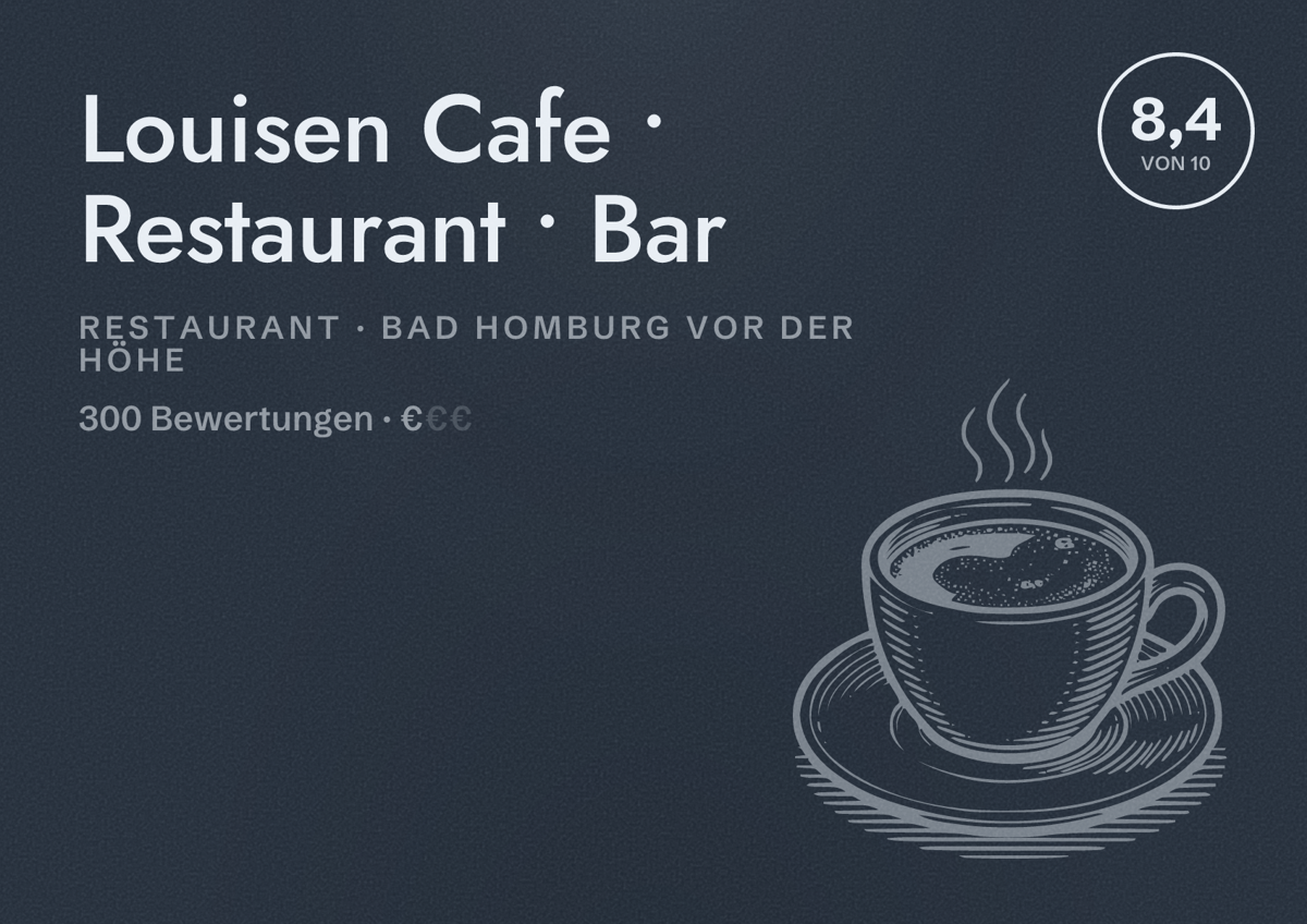 Illustriertes Poster von Louisen Cafe • Restaurant • Bar, Restaurant in Bad Homburg vor der Höhe: Bewertung 8,4 von 10 aus 300 Bewertungen, Preisniveau €