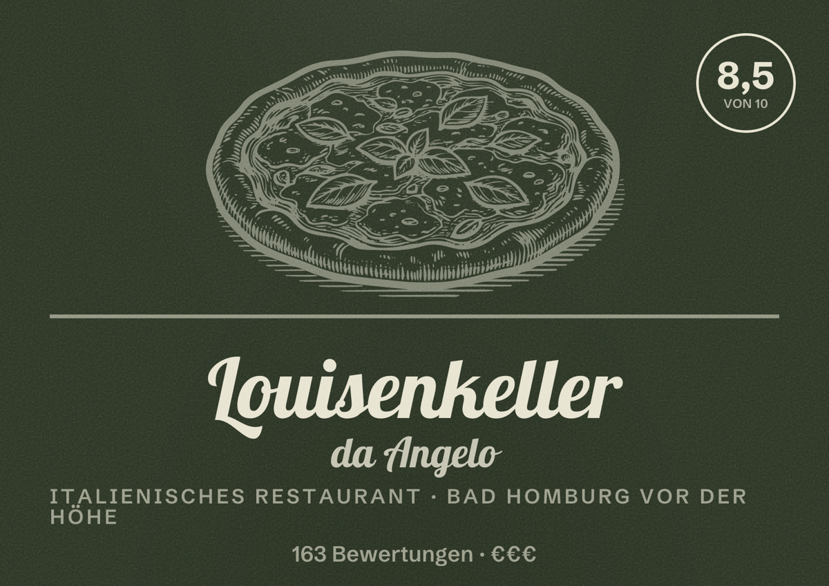 Illustriertes Poster von Louisenkeller da Angelo, Italienisches Restaurant in Bad Homburg vor der Höhe: Bewertung 8,5 von 10 aus 163 Bewertungen, Preisniveau €€€