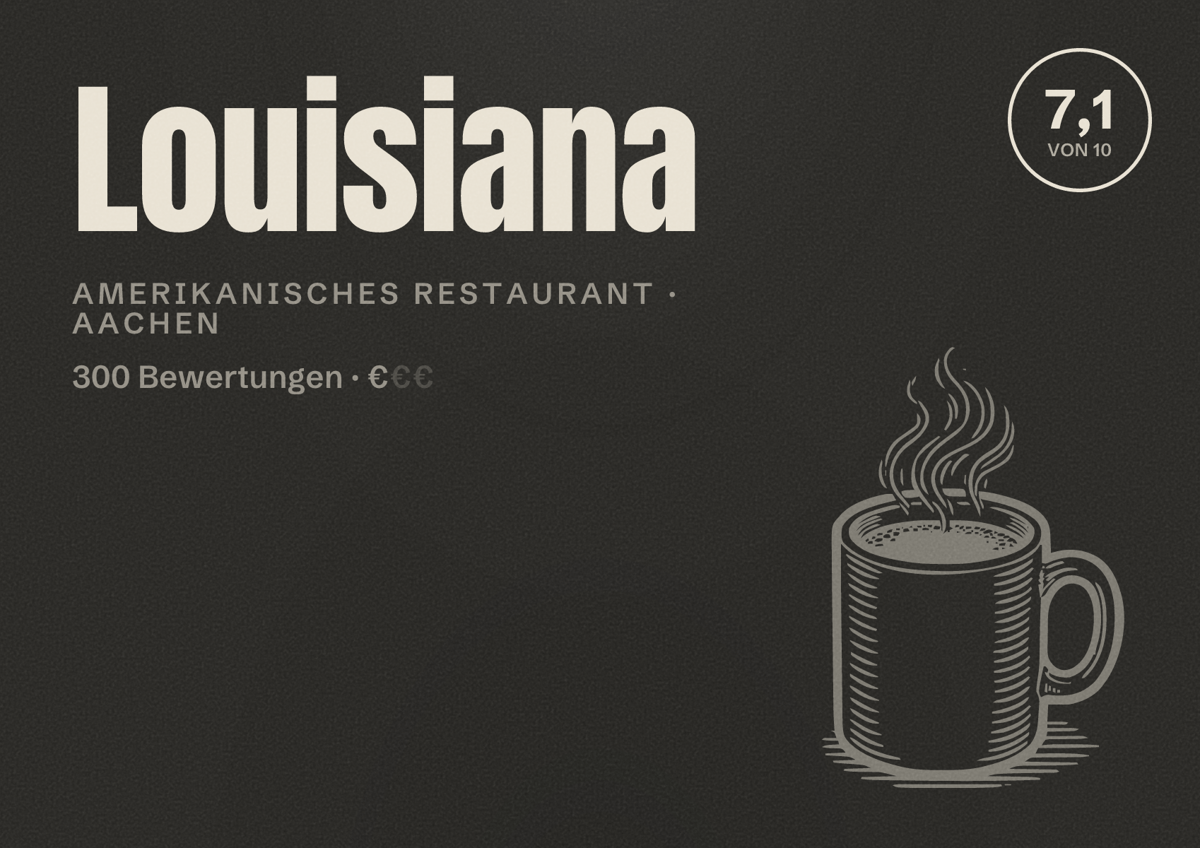 Illustriertes Poster von Louisiana, Amerikanisches Restaurant in Aachen: Bewertung 7,1 von 10 aus 300 Bewertungen, Preisniveau €