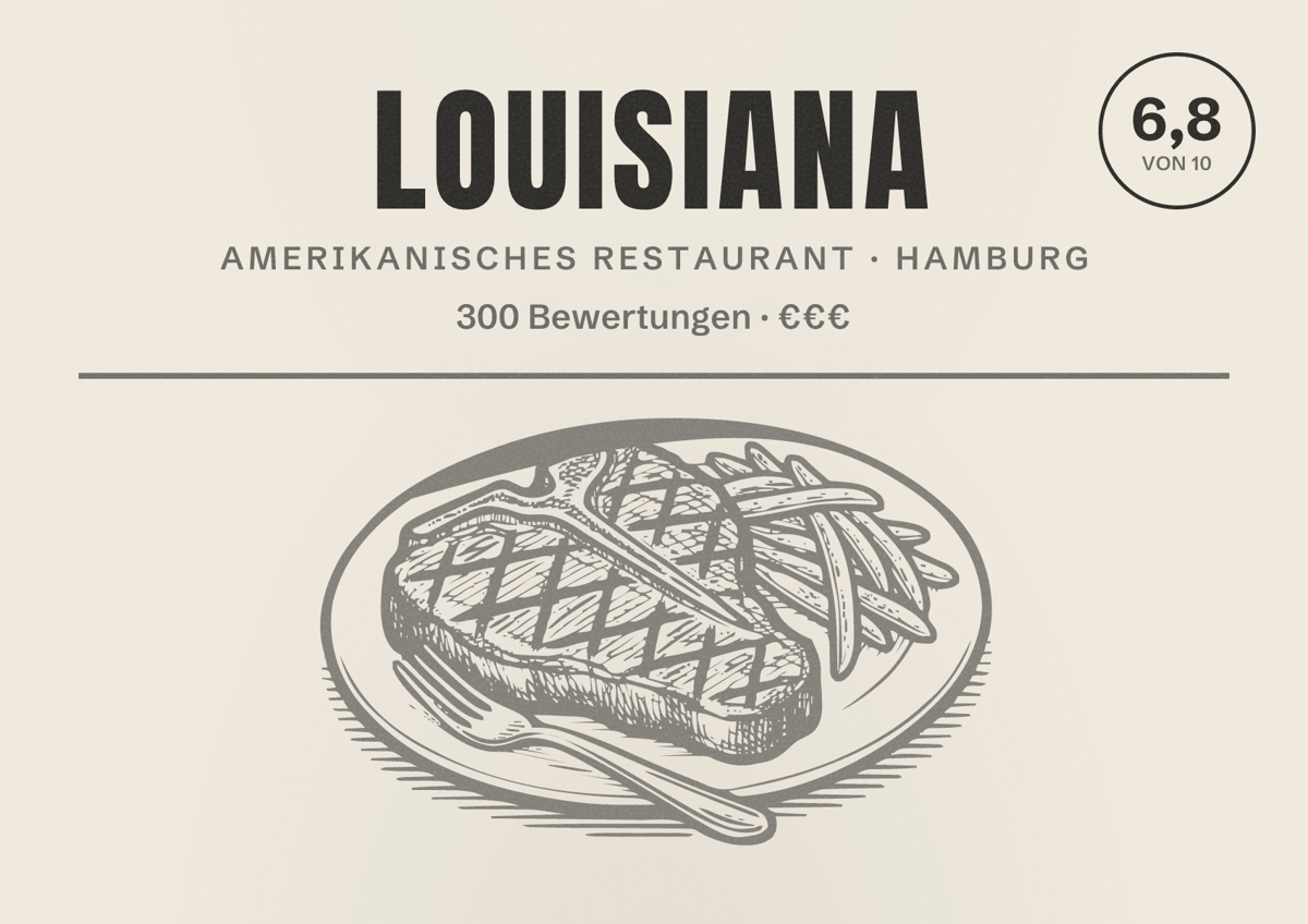 Illustriertes Poster von Louisiana, Amerikanisches Restaurant in Hamburg: Bewertung 6,8 von 10 aus 300 Bewertungen, Preisniveau €€€