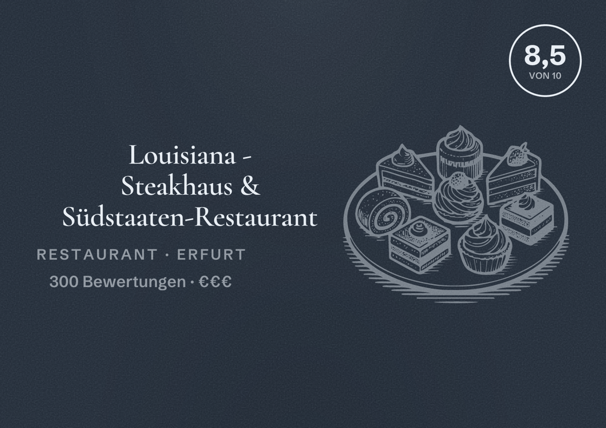 Illustriertes Poster von Louisiana - Steakhaus & Südstaaten-Restaurant, Restaurant in Erfurt: Bewertung 8,5 von 10 aus 300 Bewertungen, Preisniveau €€€