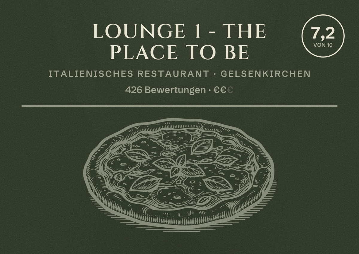 Illustriertes Poster von Lounge 1 - The Place To Be, Italienisches Restaurant in Gelsenkirchen: Bewertung 7,2 von 10 aus 426 Bewertungen, Preisniveau €€