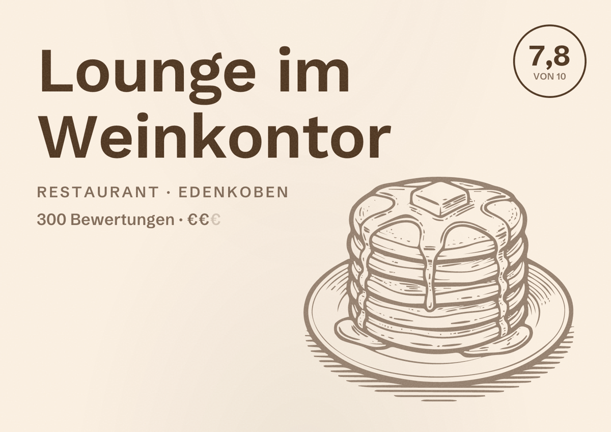 Illustriertes Poster von Lounge im Weinkontor, Restaurant in Edenkoben: Bewertung 7,8 von 10 aus 300 Bewertungen, Preisniveau €€