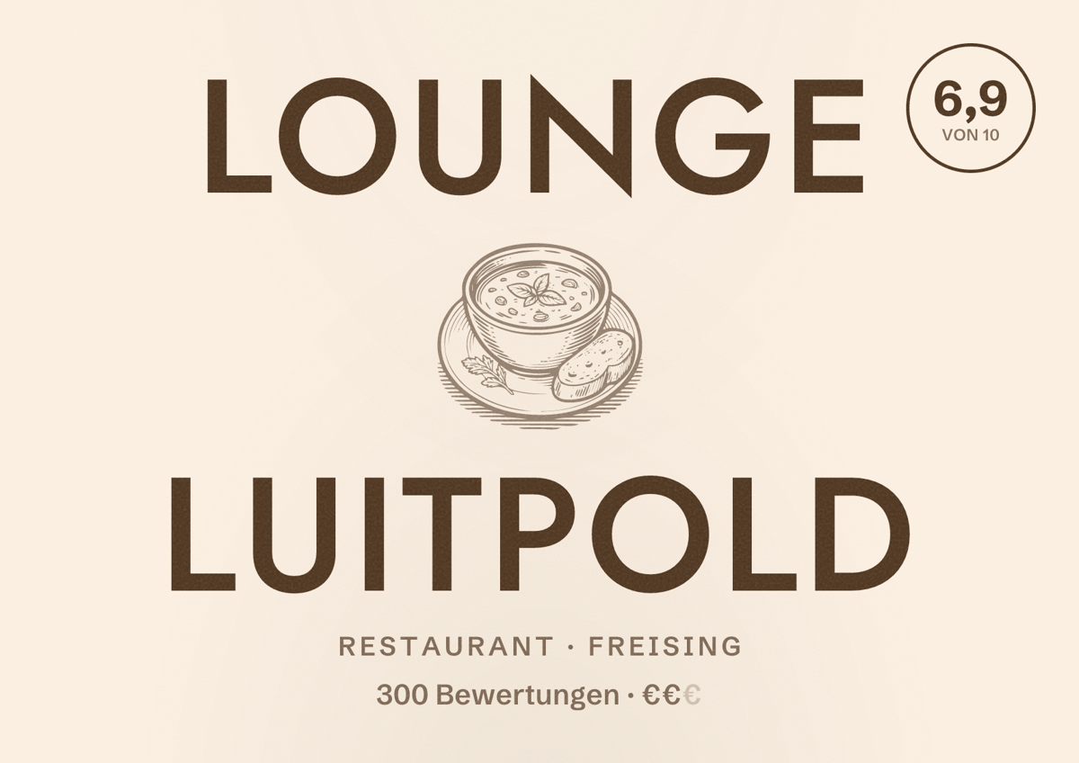 Illustriertes Poster von Lounge Luitpold, Restaurant in Freising: Bewertung 6,9 von 10 aus 300 Bewertungen, Preisniveau €€