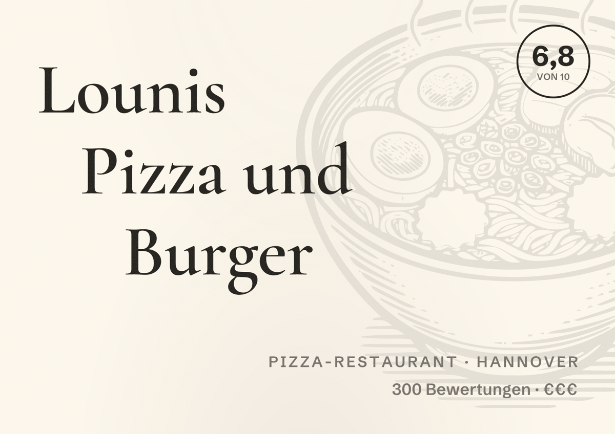 Illustriertes Poster von Lounis Pizza und Burger, Pizza-Restaurant in Hannover: Bewertung 6,8 von 10 aus 300 Bewertungen, Preisniveau €€€