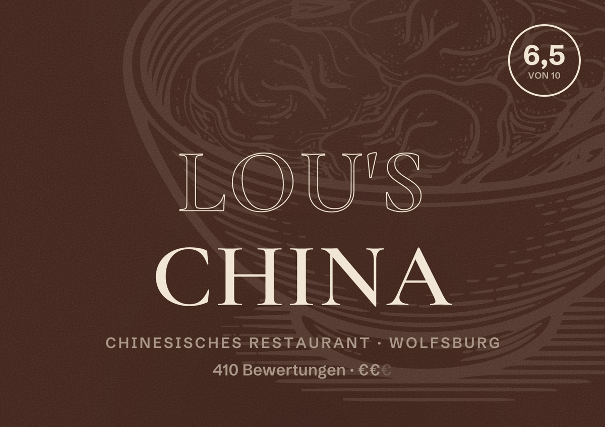 Illustriertes Poster von Lou's China, Chinesisches Restaurant in Wolfsburg: Bewertung 6,5 von 10 aus 410 Bewertungen, Preisniveau €€