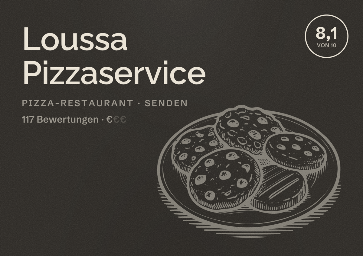 Illustriertes Poster von Loussa Pizzaservice, Pizza-Restaurant in Senden: Bewertung 8,1 von 10 aus 117 Bewertungen, Preisniveau €