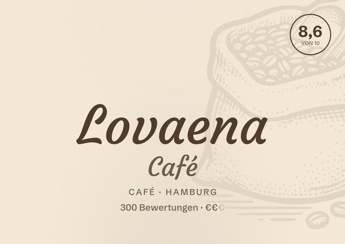Illustriertes Poster von Lovaena Café, Café in Hamburg: Bewertung 8,6 von 10 aus 300 Bewertungen, Preisniveau €€