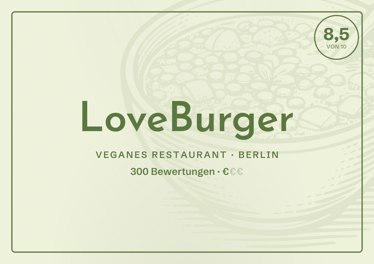 Illustriertes Poster von LoveBurger, Veganes Restaurant in Berlin: Bewertung 8,5 von 10 aus 300 Bewertungen, Preisniveau €