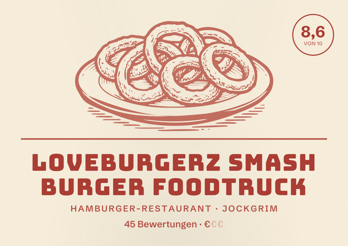 Illustriertes Poster von LoveBurgerz Smash Burger Foodtruck, Hamburger-Restaurant in Jockgrim: Bewertung 8,6 von 10 aus 45 Bewertungen, Preisniveau €
