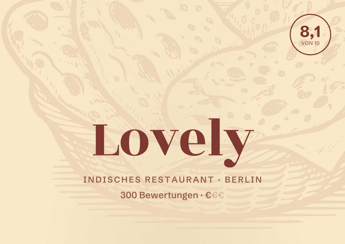 Illustriertes Poster von Lovely, Indisches Restaurant in Berlin: Bewertung 8,1 von 10 aus 300 Bewertungen, Preisniveau €