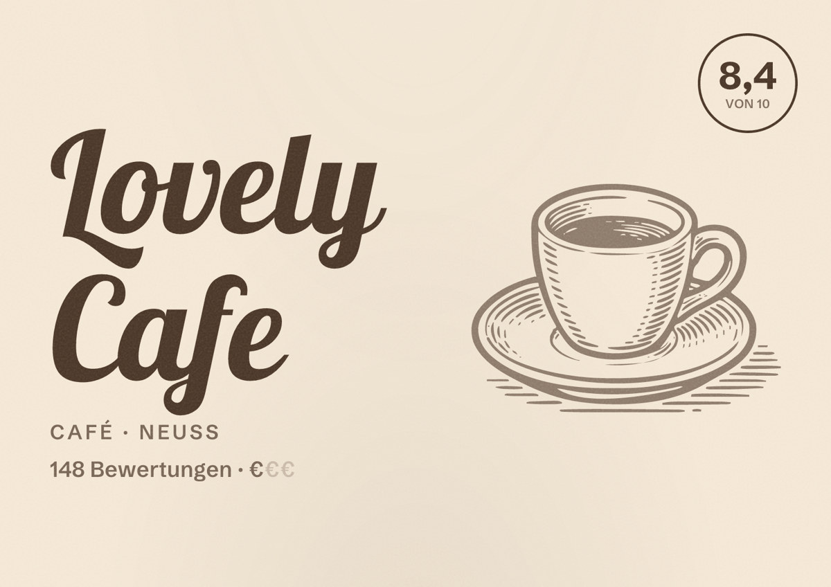 Illustriertes Poster von Lovely Cafe, Café in Neuss: Bewertung 8,4 von 10 aus 148 Bewertungen, Preisniveau €