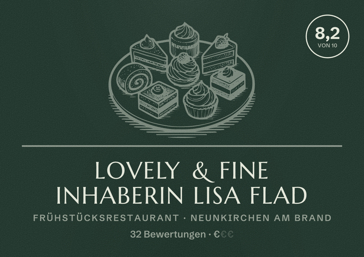 Illustriertes Poster von lovely & fine Inhaberin Lisa Flad, Frühstücksrestaurant in Neunkirchen am Brand: Bewertung 8,2 von 10 aus 32 Bewertungen, Preisniveau €