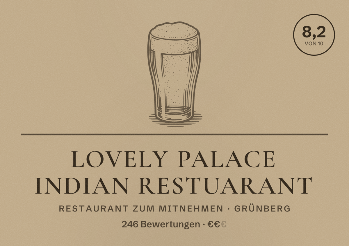 Illustriertes Poster von Lovely Palace Indian Restuarant, Restaurant zum Mitnehmen in Grünberg: Bewertung 8,2 von 10 aus 246 Bewertungen, Preisniveau €€