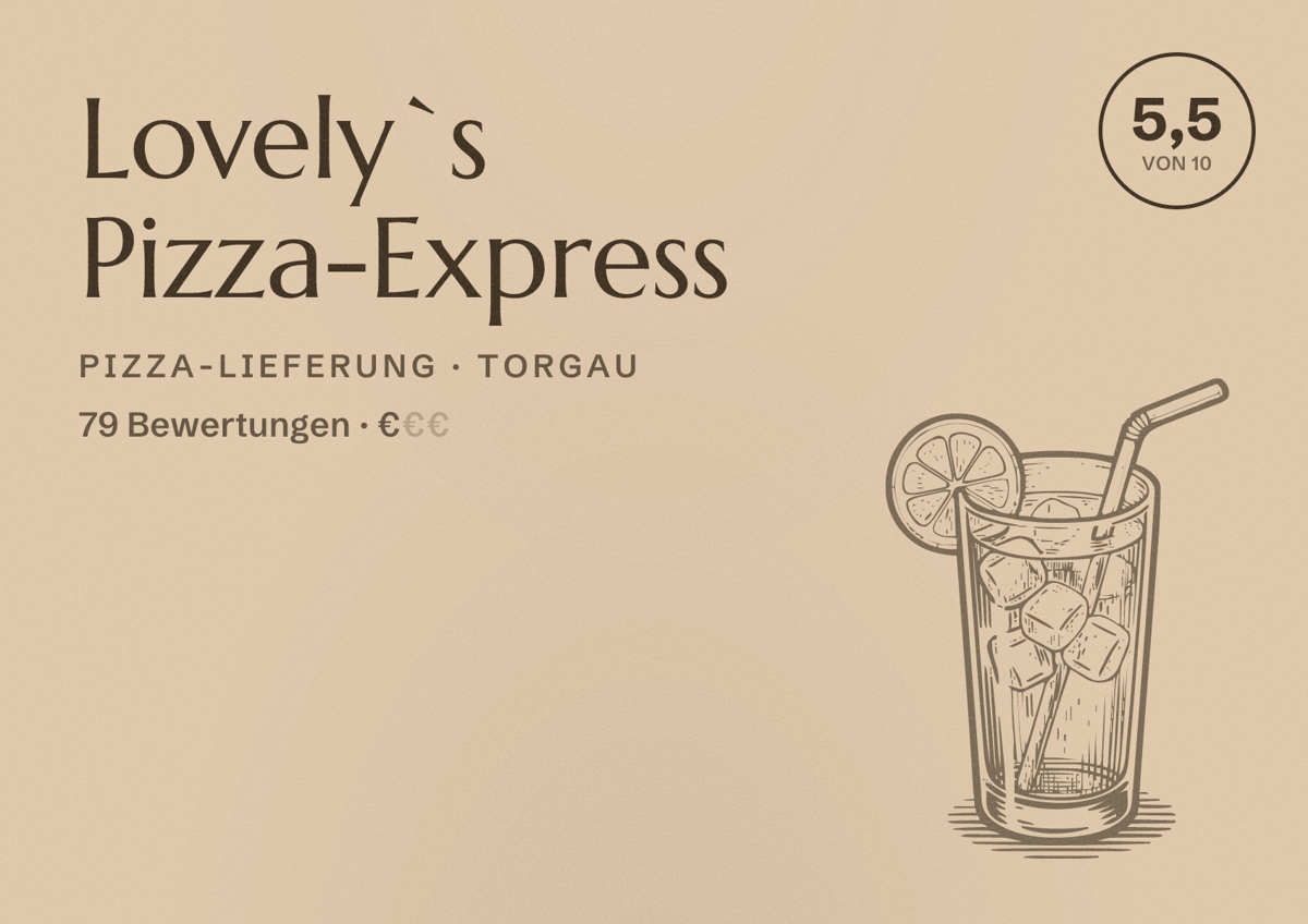 Illustriertes Poster von Lovely`s Pizza-Express, Pizza-Lieferung in Torgau: Bewertung 5,5 von 10 aus 79 Bewertungen, Preisniveau €