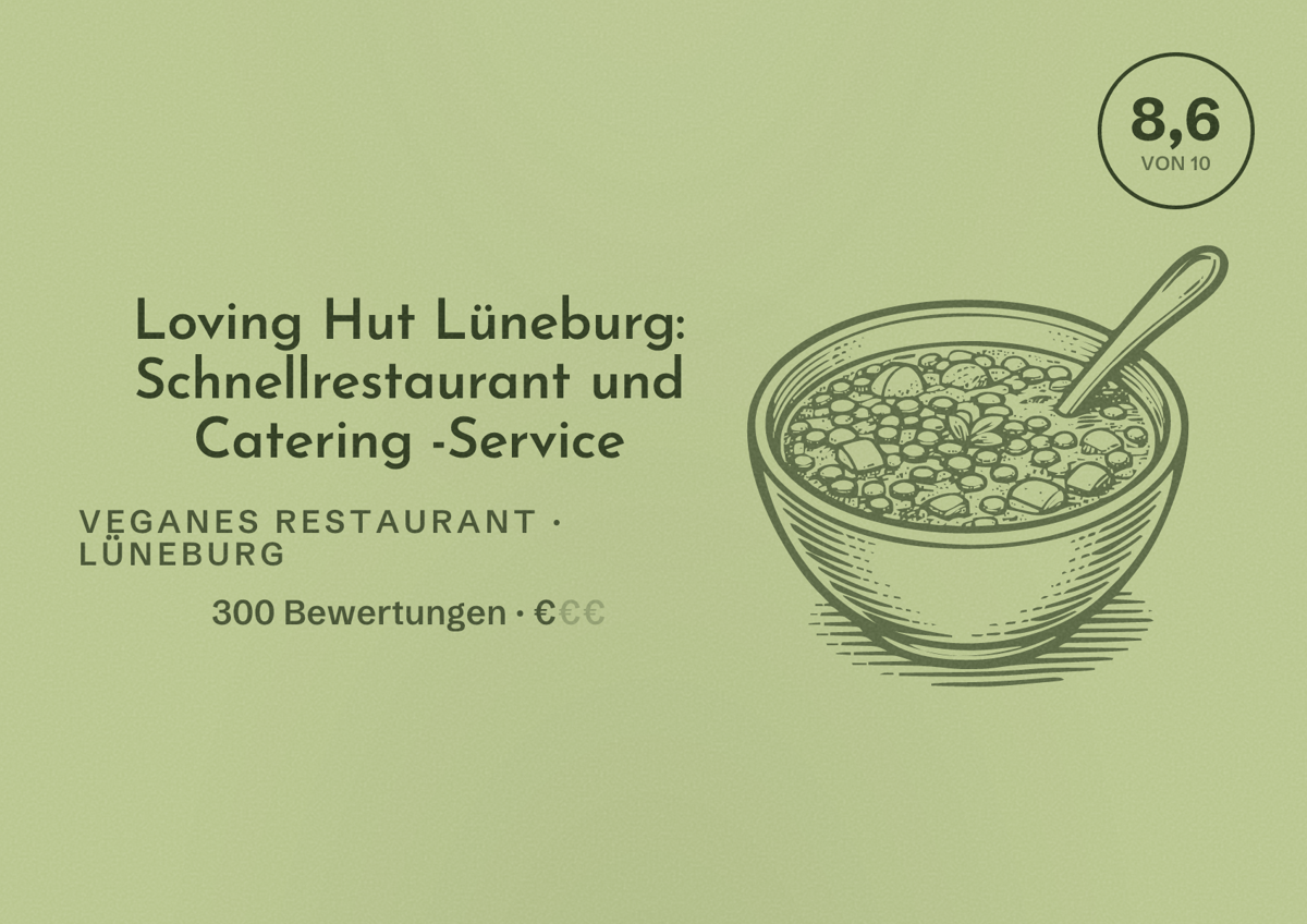 Illustriertes Poster von Loving Hut Lüneburg: Schnellrestaurant und Catering -Service, Veganes Restaurant in Lüneburg: Bewertung 8,6 von 10 aus 300 Bewertungen, Preisniveau €