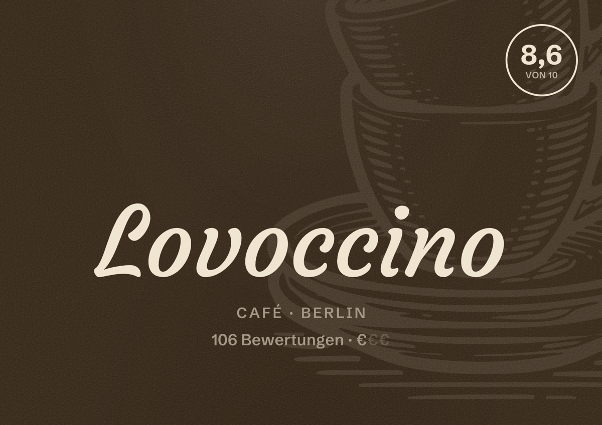 Illustriertes Poster von Lovoccino, Café in Berlin: Bewertung 8,6 von 10 aus 106 Bewertungen, Preisniveau €