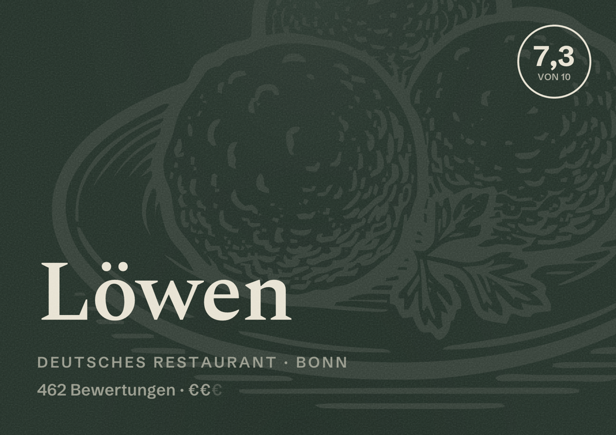Illustriertes Poster von Löwen, Deutsches Restaurant in Bonn: Bewertung 7,3 von 10 aus 462 Bewertungen, Preisniveau €€