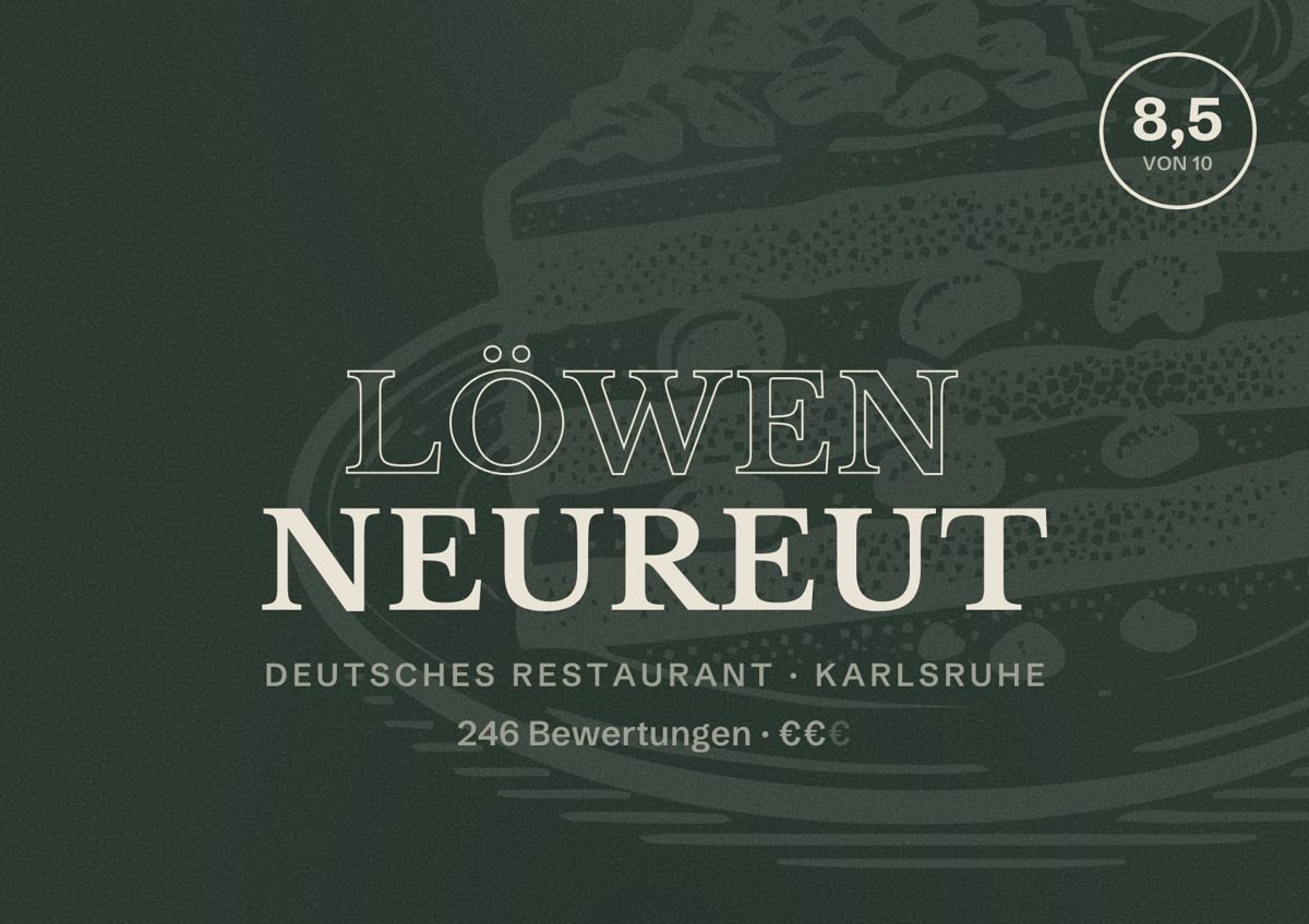 Illustriertes Poster von Löwen Neureut, Deutsches Restaurant in Karlsruhe: Bewertung 8,5 von 10 aus 246 Bewertungen, Preisniveau €€