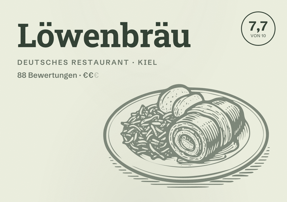 Illustriertes Poster von Löwenbräu, Deutsches Restaurant in Kiel: Bewertung 7,7 von 10 aus 88 Bewertungen, Preisniveau €€