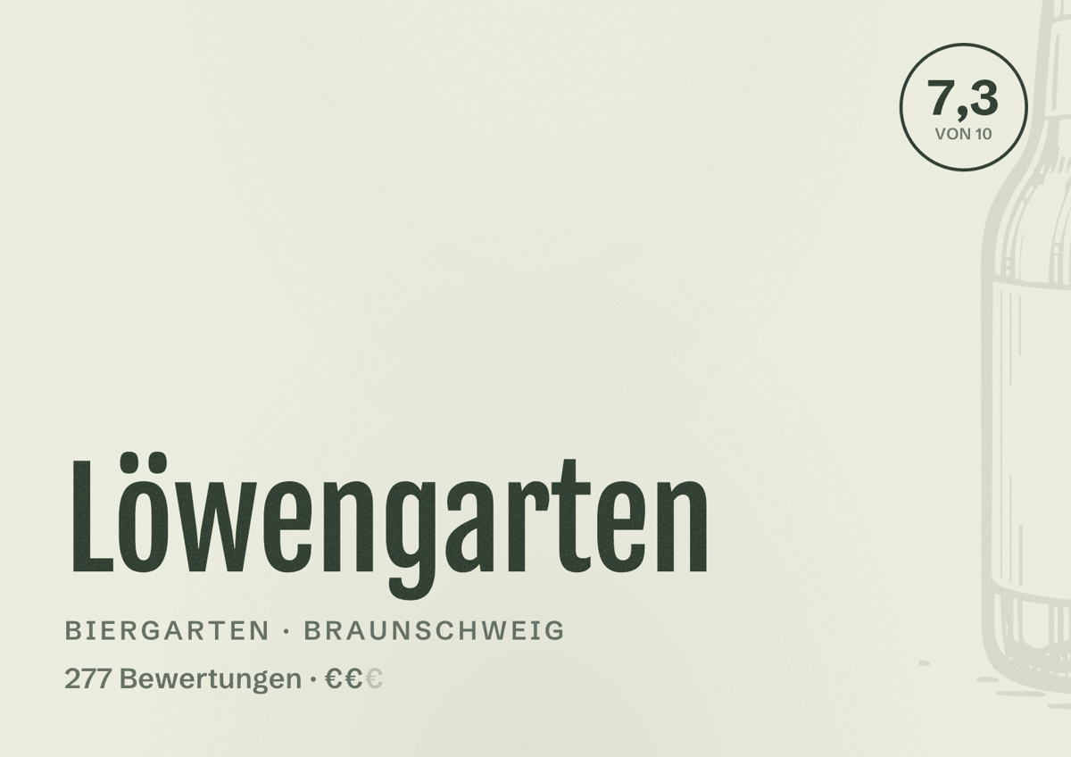 Illustriertes Poster von Löwengarten, Biergarten in Braunschweig: Bewertung 7,3 von 10 aus 277 Bewertungen, Preisniveau €€