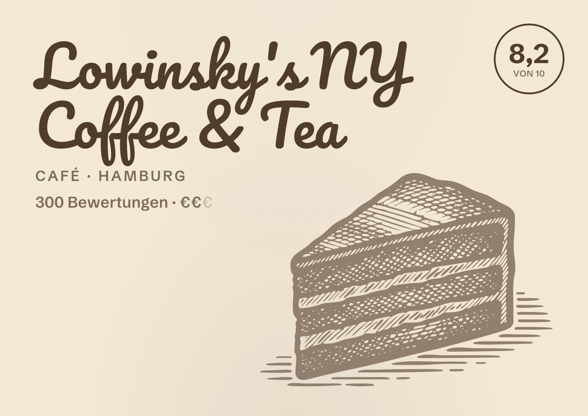 Illustriertes Poster von Lowinsky's NY Coffee & Tea, Café in Hamburg: Bewertung 8,2 von 10 aus 300 Bewertungen, Preisniveau €€