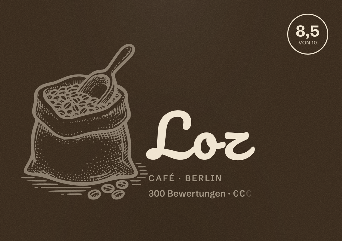 Illustriertes Poster von Loz, Café in Berlin: Bewertung 8,5 von 10 aus 300 Bewertungen, Preisniveau €€