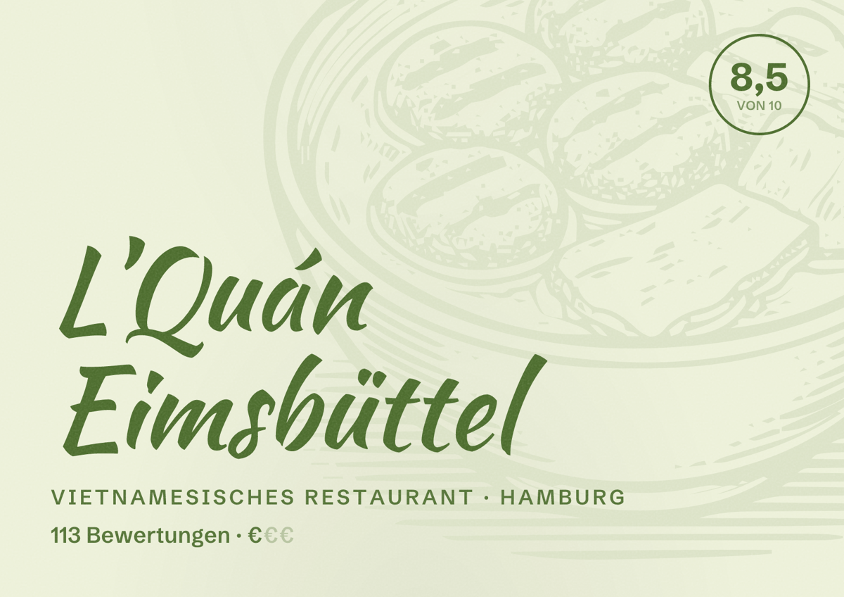 Illustriertes Poster von L’Quán Eimsbüttel, Vietnamesisches Restaurant in Hamburg: Bewertung 8,5 von 10 aus 113 Bewertungen, Preisniveau €