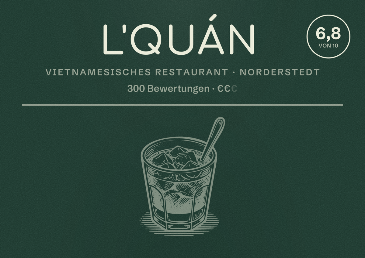 Illustriertes Poster von L'Quán, Vietnamesisches Restaurant in Norderstedt: Bewertung 6,8 von 10 aus 300 Bewertungen, Preisniveau €€