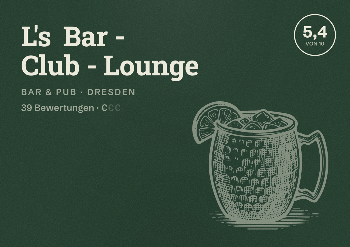 Illustriertes Poster von L's Bar - Club - Lounge, Bar & Pub in Dresden: Bewertung 5,4 von 10 aus 39 Bewertungen, Preisniveau €
