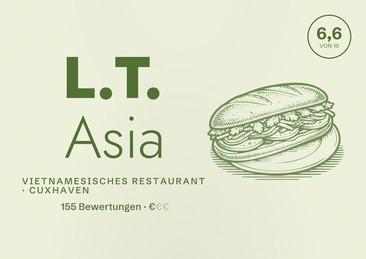 Illustriertes Poster von L.T. Asia, Vietnamesisches Restaurant in Cuxhaven: Bewertung 6,6 von 10 aus 155 Bewertungen, Preisniveau €