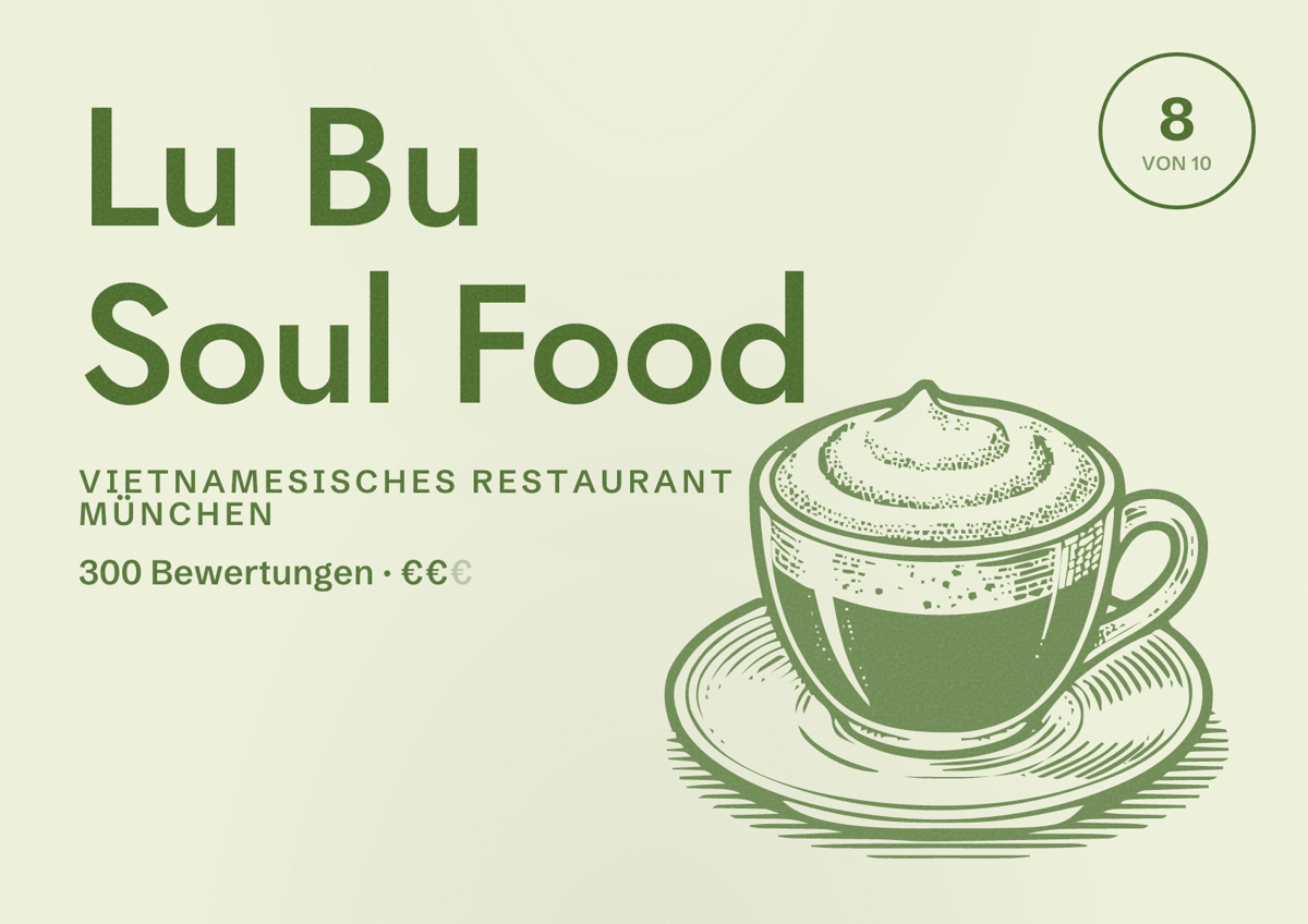 Illustriertes Poster von Lu Bu Soul Food, Vietnamesisches Restaurant in München: Bewertung 8,0 von 10 aus 300 Bewertungen, Preisniveau €€