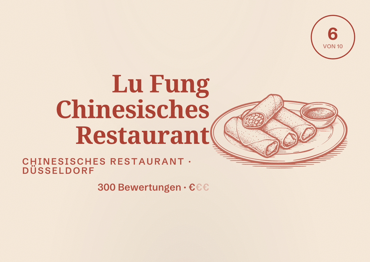 Illustriertes Poster von Lu Fung Chinesisches Restaurant, Chinesisches Restaurant in Düsseldorf: Bewertung 6,0 von 10 aus 300 Bewertungen, Preisniveau €