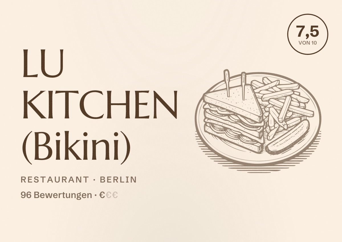 Illustriertes Poster von LU KITCHEN (Bikini), Restaurant in Berlin: Bewertung 7,5 von 10 aus 96 Bewertungen, Preisniveau €