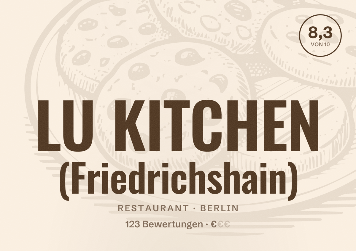 Illustriertes Poster von LU KITCHEN (Friedrichshain), Restaurant in Berlin: Bewertung 8,3 von 10 aus 123 Bewertungen, Preisniveau €