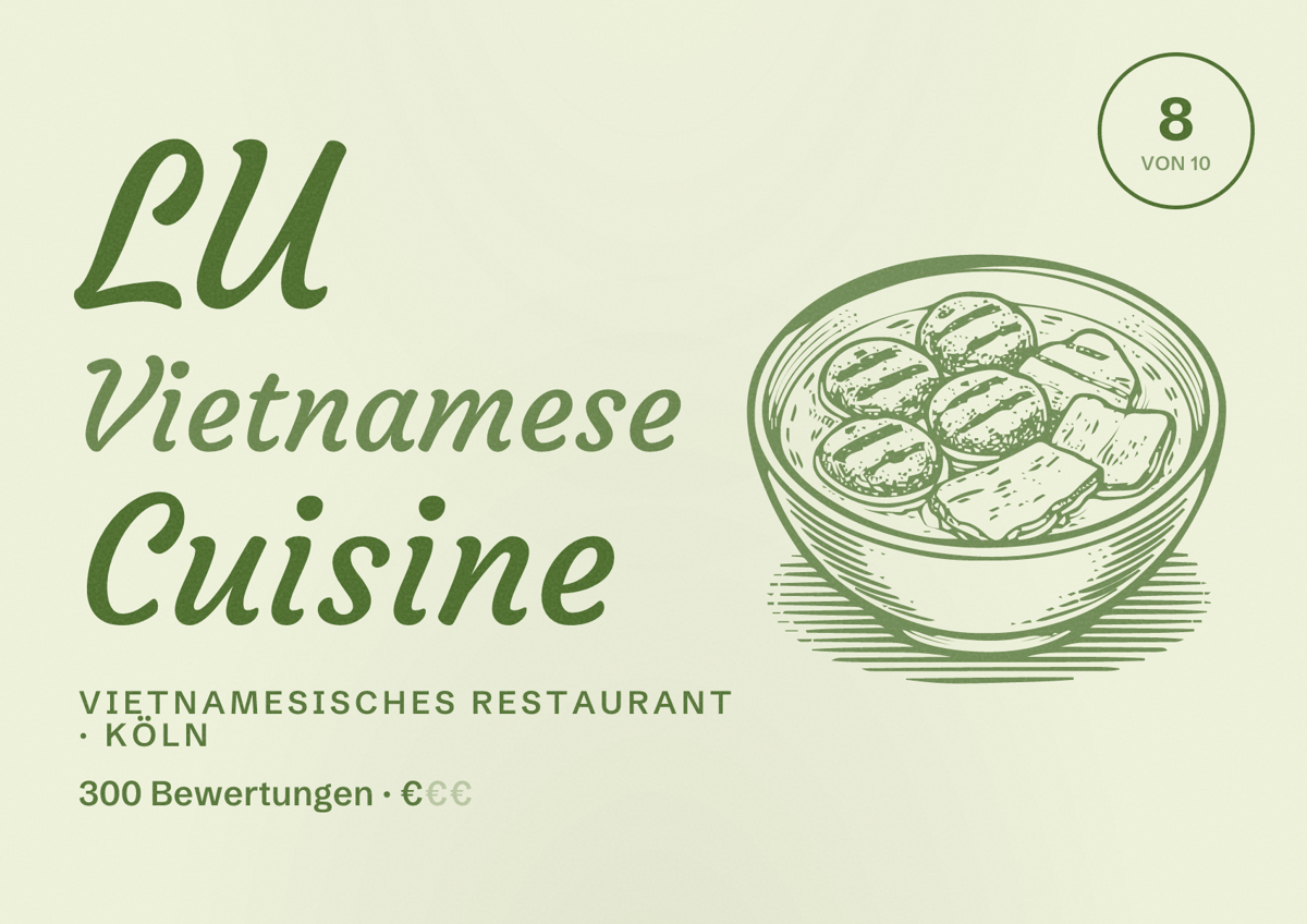 Illustriertes Poster von LU Vietnamese Cuisine, Vietnamesisches Restaurant in Köln: Bewertung 8,0 von 10 aus 300 Bewertungen, Preisniveau €