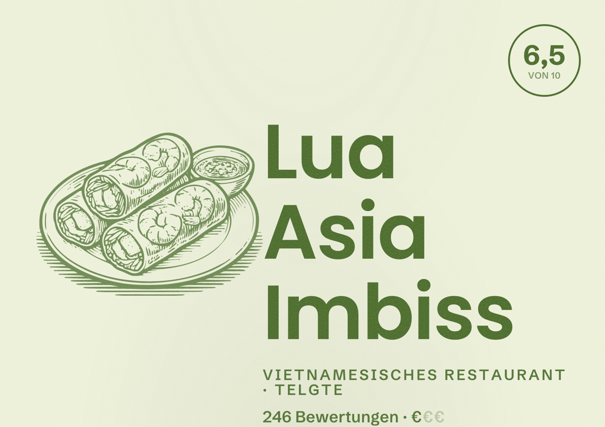 Illustriertes Poster von Lua Asia Imbiss, Vietnamesisches Restaurant in Telgte: Bewertung 6,5 von 10 aus 246 Bewertungen, Preisniveau €