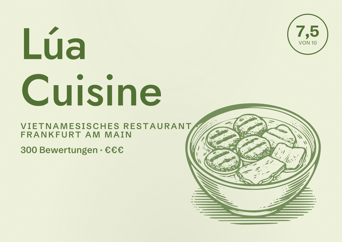 Illustriertes Poster von Lúa Cuisine, Vietnamesisches Restaurant in Frankfurt am Main: Bewertung 7,5 von 10 aus 300 Bewertungen, Preisniveau €€€