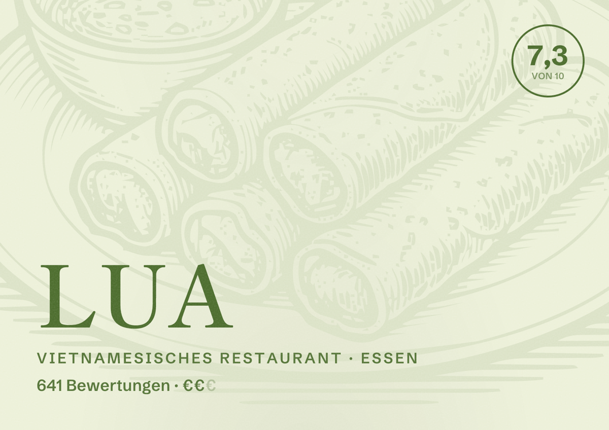 Illustriertes Poster von LUA, Vietnamesisches Restaurant in Essen: Bewertung 7,3 von 10 aus 641 Bewertungen, Preisniveau €€