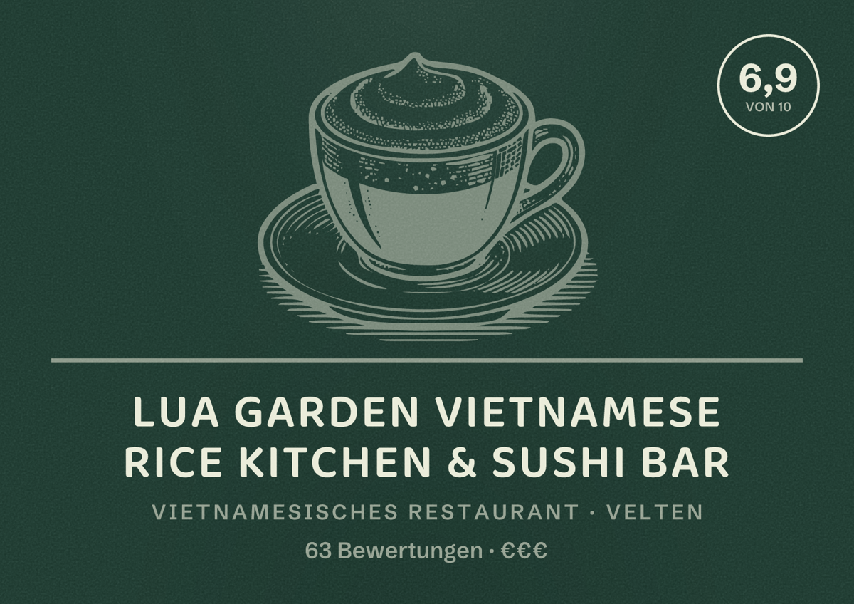 Illustriertes Poster von Lua Garden Vietnamese Rice Kitchen & Sushi Bar, Vietnamesisches Restaurant in Velten: Bewertung 6,9 von 10 aus 63 Bewertungen, Preisniveau €€€