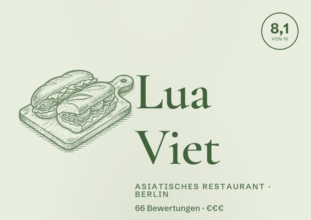 Illustriertes Poster von Lua Viet, Asiatisches Restaurant in Berlin: Bewertung 8,1 von 10 aus 66 Bewertungen, Preisniveau €€€