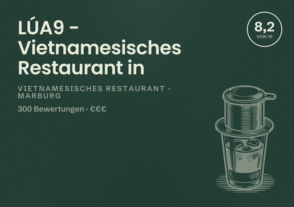 Illustriertes Poster von LÚA9 - Vietnamesisches Restaurant in, Vietnamesisches Restaurant in Marburg: Bewertung 8,2 von 10 aus 300 Bewertungen, Preisniveau €€€