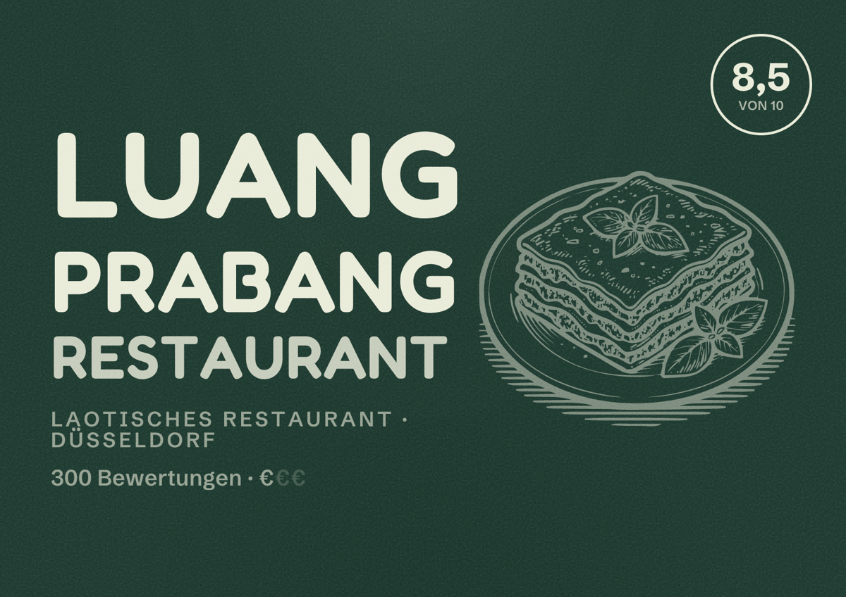 Illustriertes Poster von Luang Prabang Restaurant, Laotisches Restaurant in Düsseldorf: Bewertung 8,5 von 10 aus 300 Bewertungen, Preisniveau €