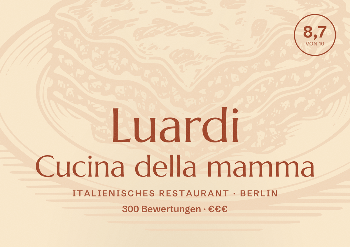 Illustriertes Poster von Luardi Cucina della mamma, Italienisches Restaurant in Berlin: Bewertung 8,7 von 10 aus 300 Bewertungen, Preisniveau €€€