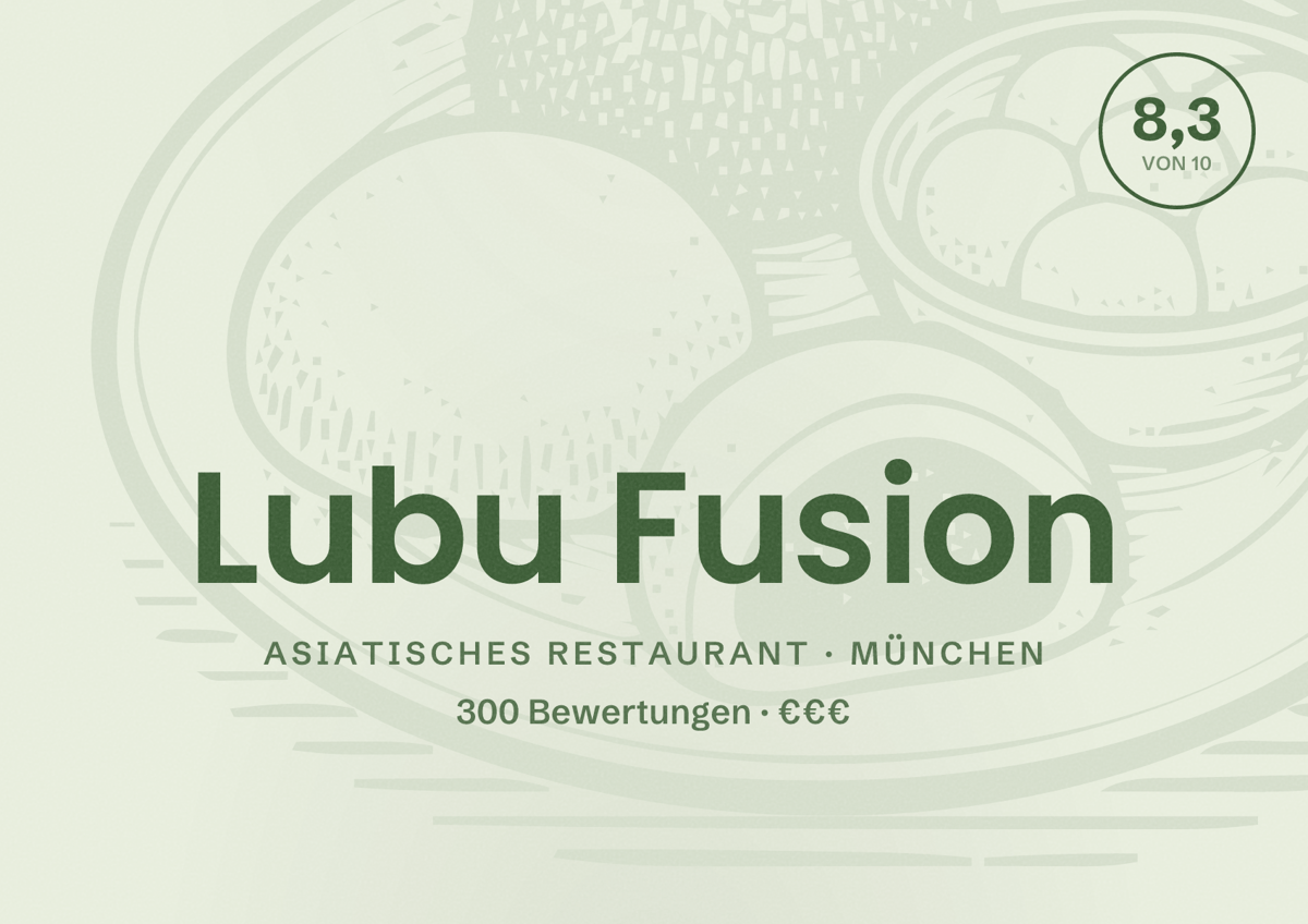 Illustriertes Poster von Lubu Fusion, Asiatisches Restaurant in München: Bewertung 8,3 von 10 aus 300 Bewertungen, Preisniveau €€€