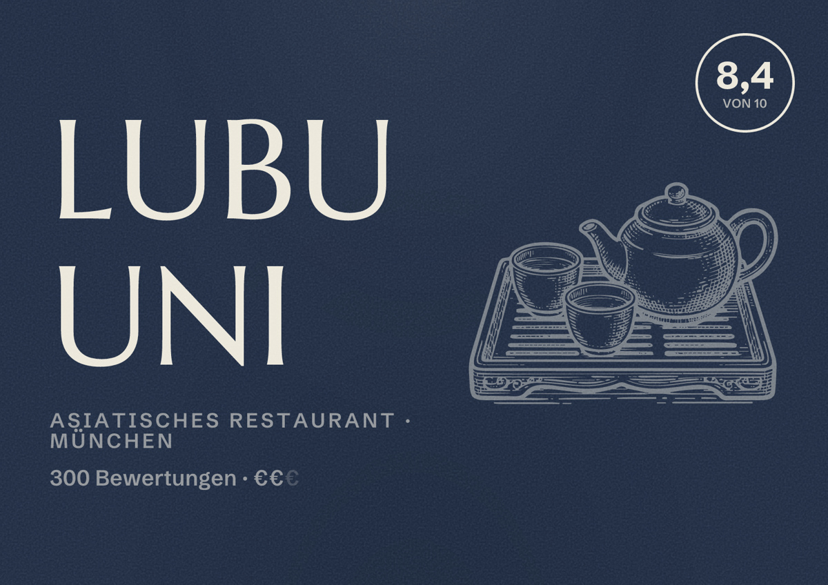 Illustriertes Poster von Lubu Uni, Asiatisches Restaurant in München: Bewertung 8,4 von 10 aus 300 Bewertungen, Preisniveau €€