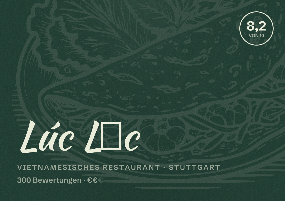 Illustriertes Poster von Lúc Lắc, Vietnamesisches Restaurant in Stuttgart: Bewertung 8,2 von 10 aus 300 Bewertungen, Preisniveau €€